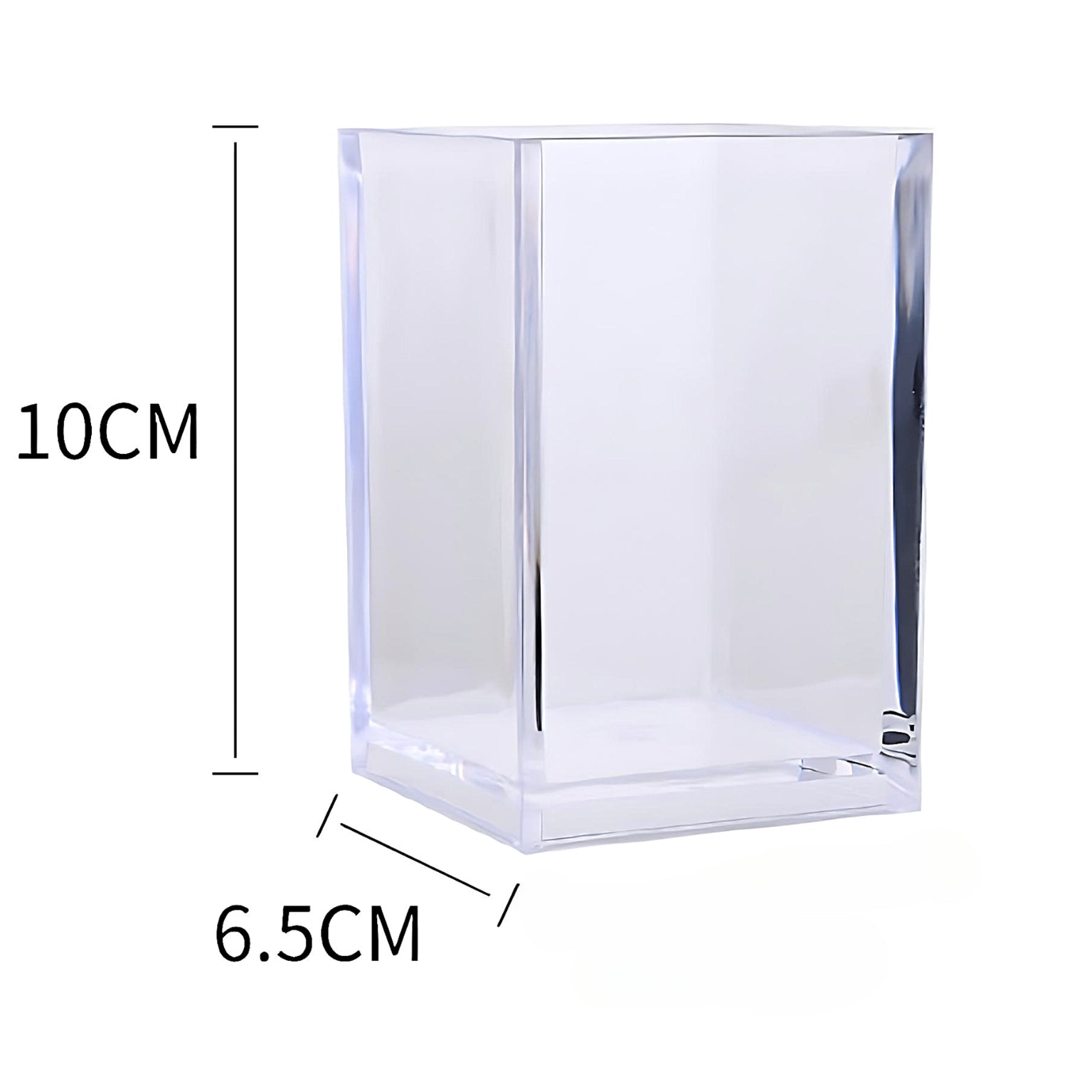 the dimensions of a transparent pen holder, white background