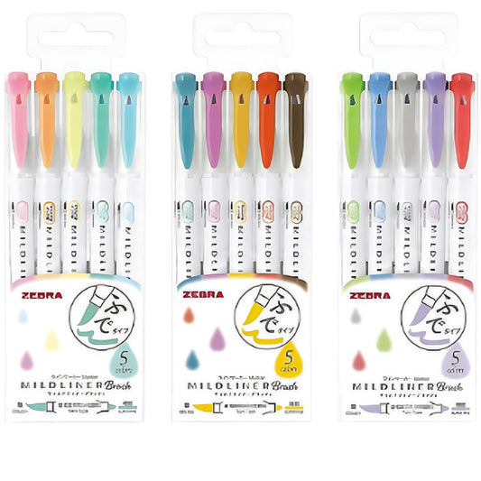 three different sets of Zebra Mildliner brush pens